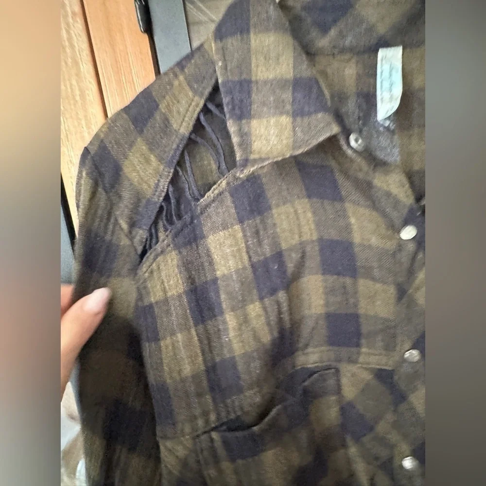 Vintage Free People lace up cutout button down shirt long sleeve flannel top